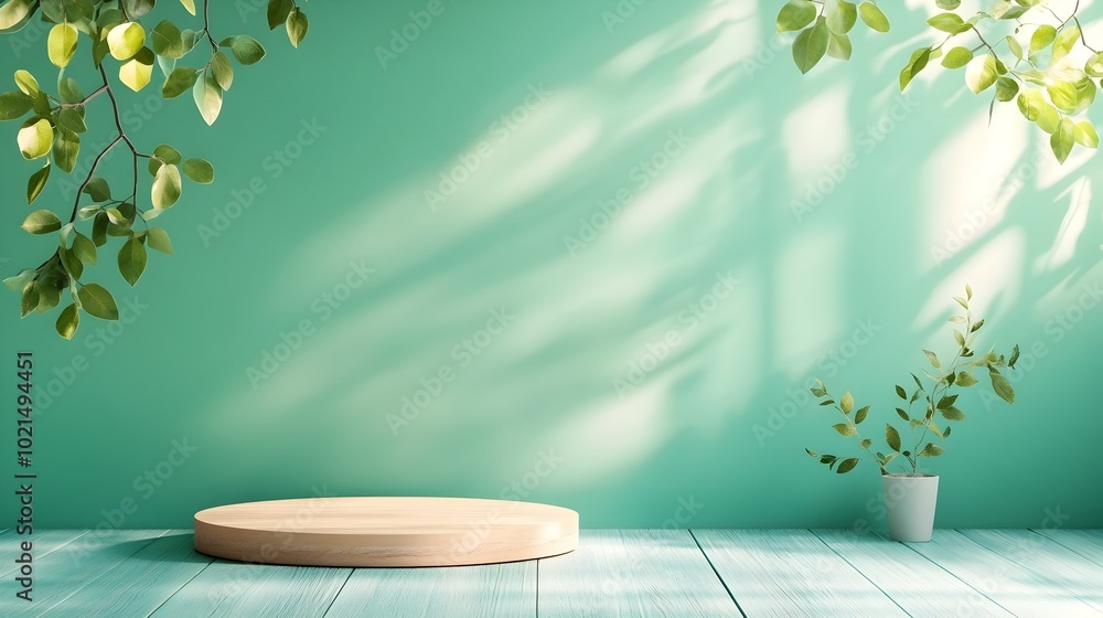 Poster elegant 3d studio room with a calming sage green background an empty wooden floor a white wall with 