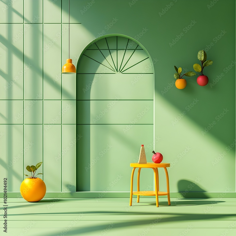 Poster tranquil 3d studio room with a chartreuse color scheme uncluttered floor and walls and a central pro