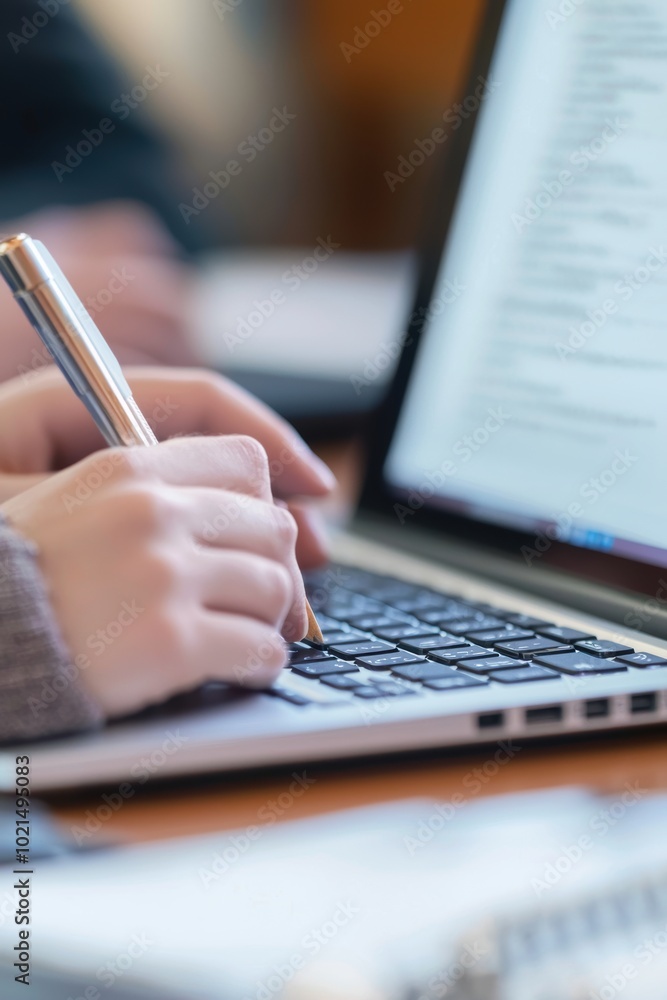 Poster remote learning efficiency: student taking notes during online lecture for enhanced education