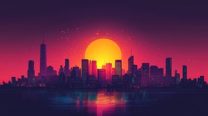 Fototapeta premium Luminescent Cityscape: Minimalist Graphic Poster of Majestic Skyline at Dusk with Retro Illustration and Bold Line Art