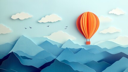 A paper balloon is floating over a mountain range