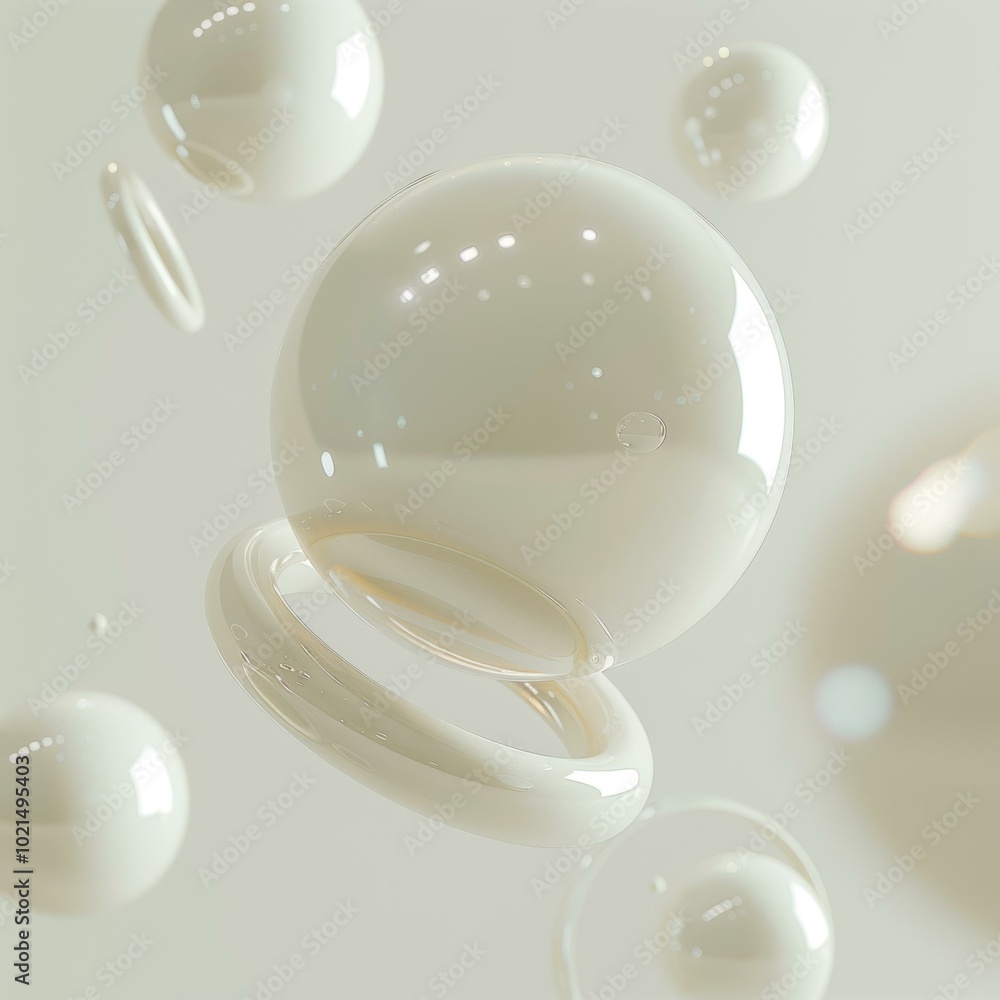 Poster glossy 3d spheres and rings floating in a gradient background