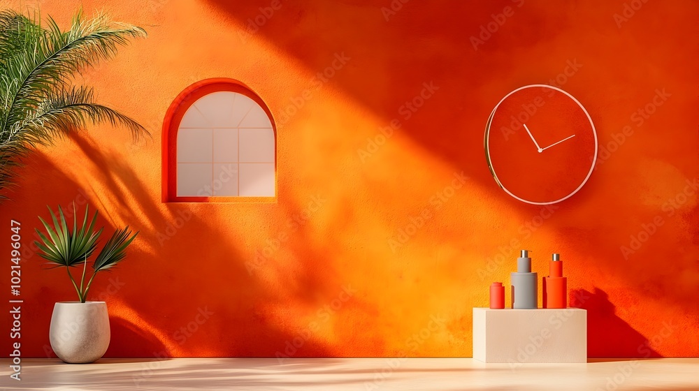 Poster 3d rendered image of a modern studio room with an earthy terracotta backdrop empty floor and wall wi
