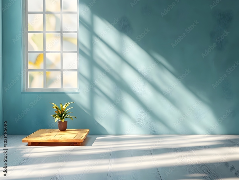 Poster empty 3d studio room featuring a centralized wooden platform for product display with slate grey wal