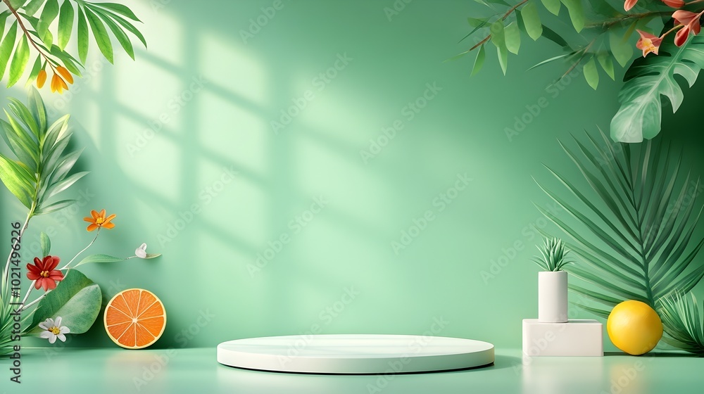 Poster tranquil 3d studio room with forest green backdrop and sunlit product podium display empty interior 