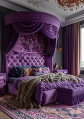 Purple Velvet Canopy Bed in a Luxurious Bedroom