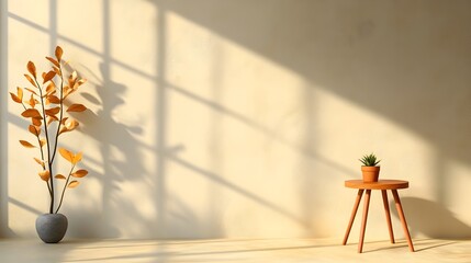 Elegant and minimalist 3D studio room setting with a gray backdrop empty floor and walls and a product podium or display platform  Soft natural sunlight creates a warm