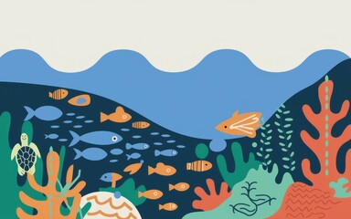 Underwater ocean life. Colorful fish, coral, and a turtle swim in the ocean. Perfect for marine life, nature, and ocean themes.