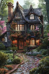 Fototapeta premium Enchanted Cottage with Lush Garden