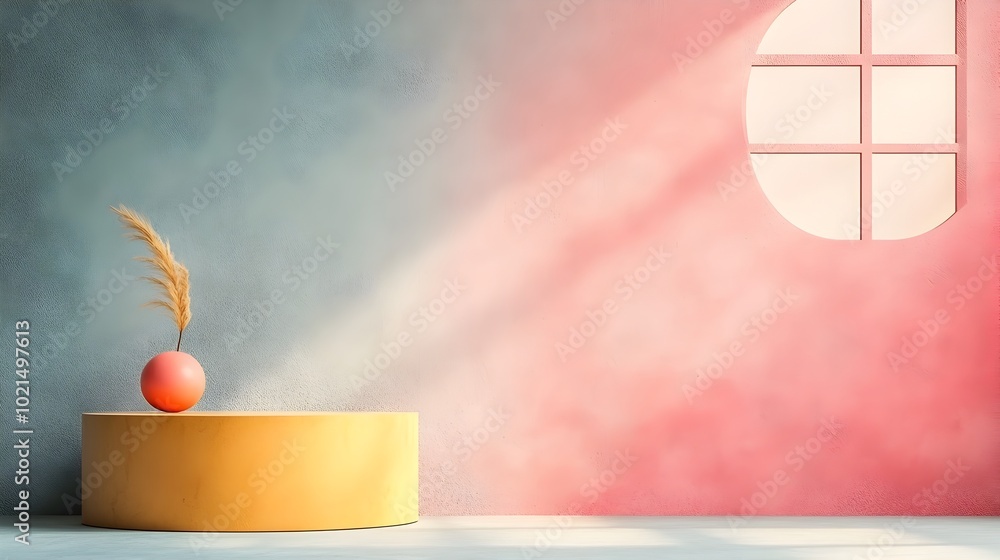 Poster minimalist 3d studio room with backdrop natural light streaming through window casting shadows on co