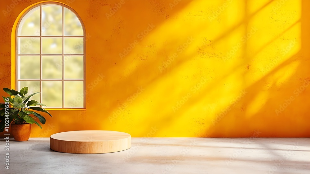 Poster minimalist 3d studio room with a mustard yellow backdrop empty concrete floor and walls a product di