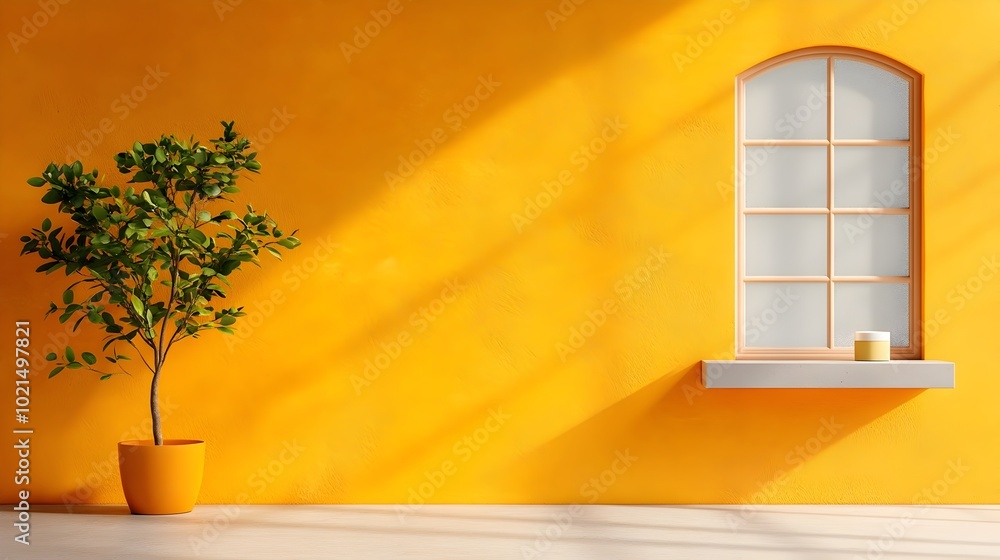 Poster sleek and sophisticated 3d studio room setting with an ochre backdrop empty floor and wall and a cen