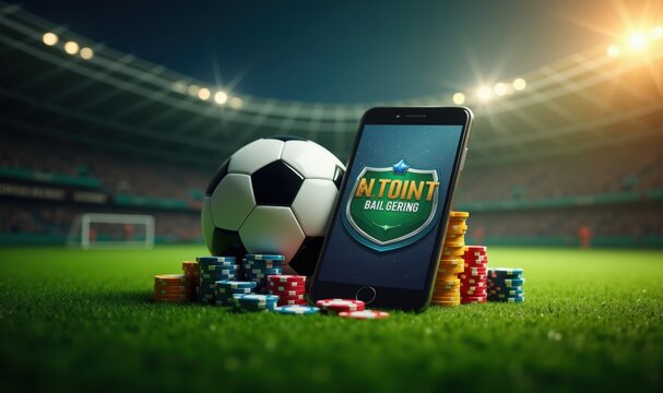 A smartphone displaying a sports betting app, accompanied by a soccer ball and poker chips, set against a vibrant football stadium backdrop, ideal for gambling and sports marketing.
