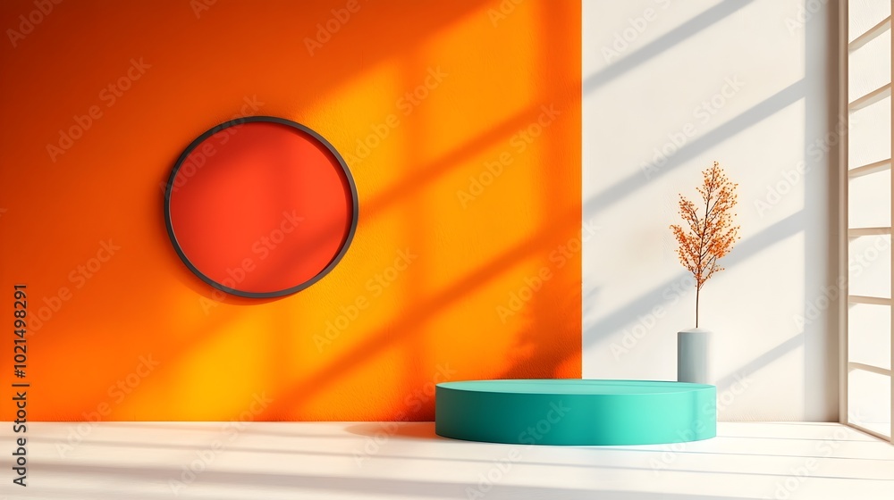 Poster minimalist 3d studio room with an orange background empty floor and wall a product podium in the cen
