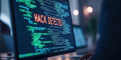 A security warning concept - the words "hack detected " on a screen. Internet security and data protection theme