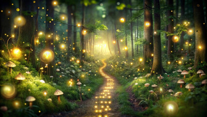 A mystical forest path is illuminated by glowing orbs, creating an enchanting ambiance. Mushrooms and vibrant greenery surround the trail, leading toward a luminous horizon.AI generated.