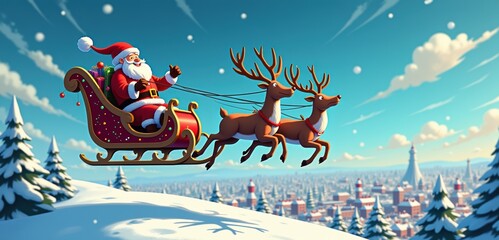 Jolly Santa Claus rides his sleigh pulled by reindeer over a snowy landscape, capturing the festive spirit of Christmas. Perfect for holiday marketing and seasonal promotions.