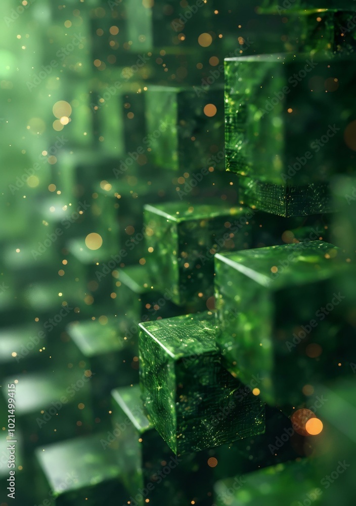 Poster green cubes floating in a green background with a glowing effect
