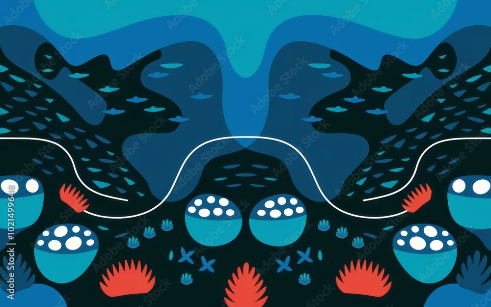 Aufkleber abstract ocean pattern. blue and red abstract shapes and patterns, mimicking ocean life and coral re