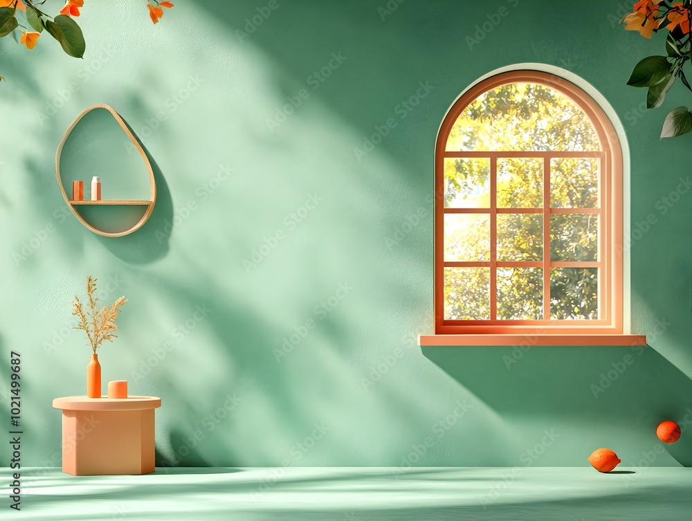 Poster minimalist and clean 3d studio scene with a pale sage green background empty floor and wall a produc
