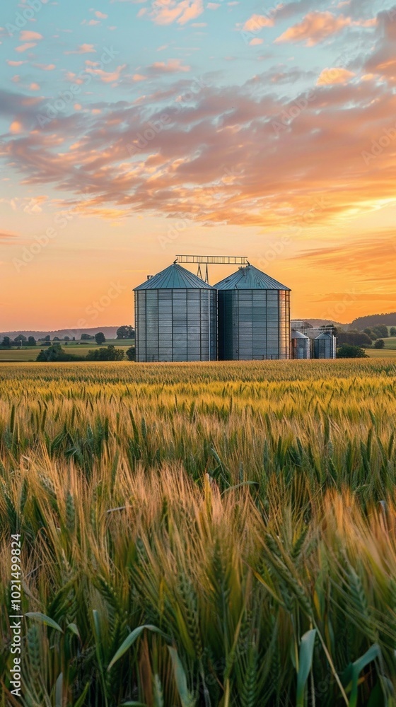 Poster two silos are in a field with a beautiful sunset in the background