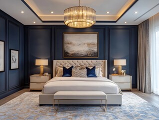 Blue walls with gold accents and sleek furniture give this modern bedroom a luxurious and stylish appeal