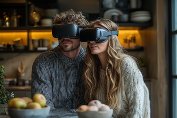 A couple wearing VR headsets, immersed in a virtual experience, surrounded by a cozy kitchen ambiance