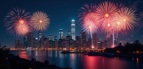 A vibrant night skyline featuring dazzling fireworks over a cityscape, perfect for celebrations, events, and promotional materials.