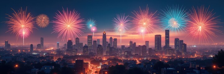 A vibrant city skyline at dusk illuminated by colorful fireworks, perfect for celebrating events, festivals, or marketing campaigns related to urban life and festivities.