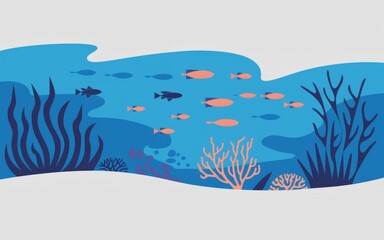 Underwater life scene. Vibrant coral reef with colorful fish swimming through the ocean. Depicts underwater ecosystem with a diverse community.