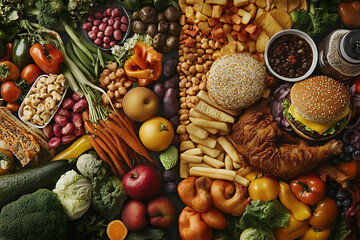 image featuring healthy vegetarian food versus unhealthy processed fast food