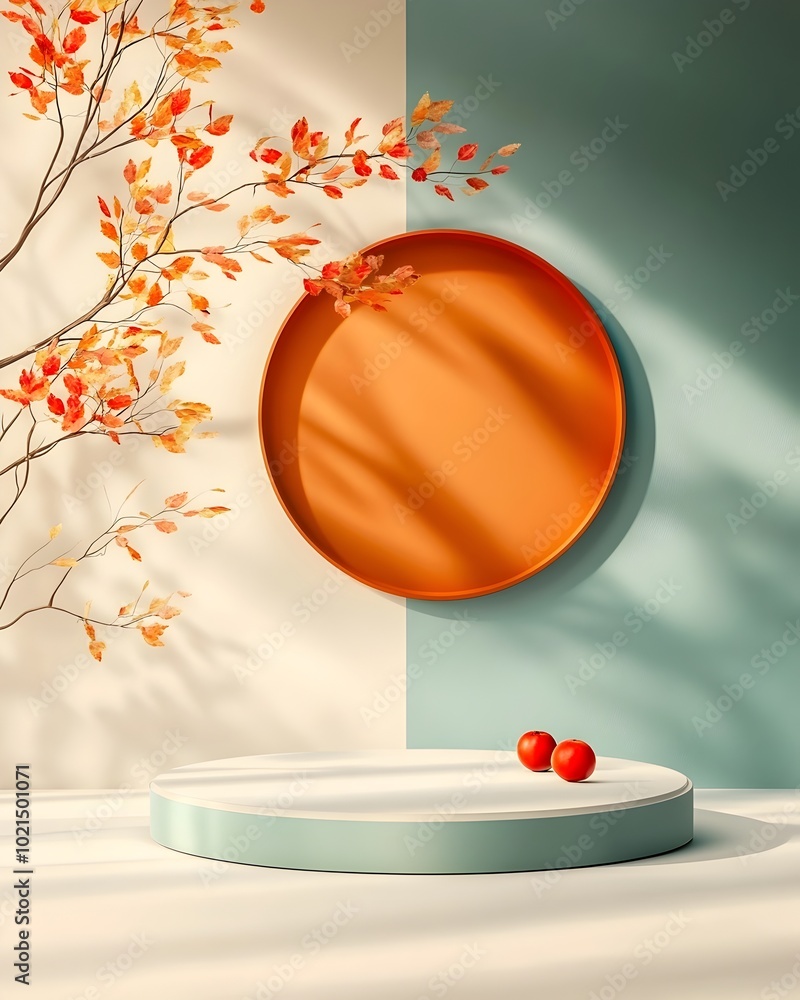 Poster bright and airy 3d studio space with plain white floor and walls central product display platform an