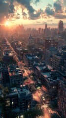 Fototapeta premium Aerial View of a City Skyline at Sunset
