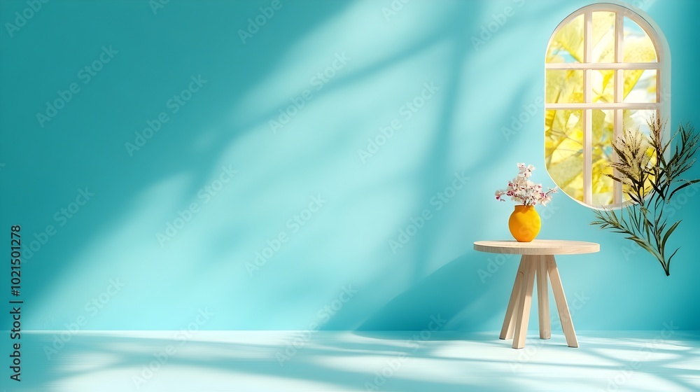Poster serene 3d studio space with calming sky blue background clear floor and wall with product showcase p