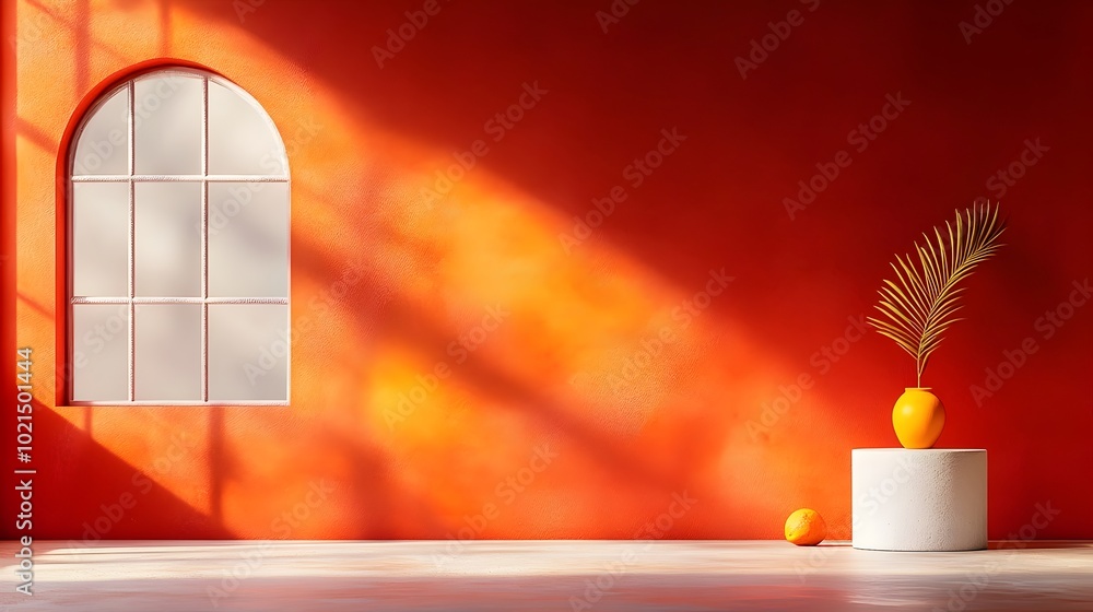 Poster warm crimson red 3d studio space with empty floor and wall featuring a product display plinth and so