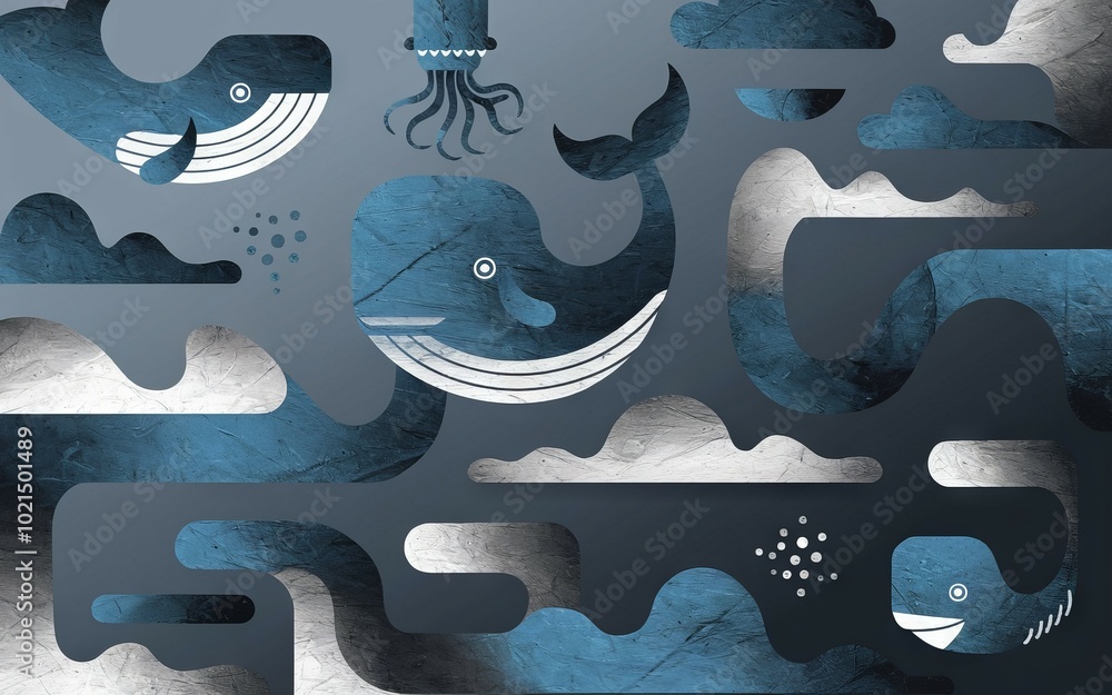 Poster whale ocean pattern. abstract blue and white whale pattern. abstract ocean animal art with waves and