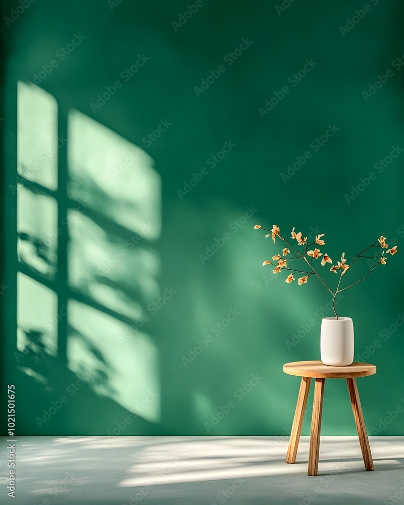 Poster a clean modern 3d studio space with a sage green background wall an empty floor and a simple product