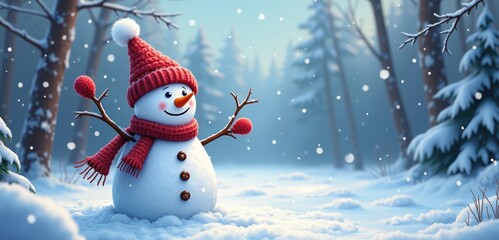 Fototapeta premium A cheerful snowman stands in a serene winter forest, surrounded by falling snowflakes, evoking a festive and joyful holiday atmosphere.