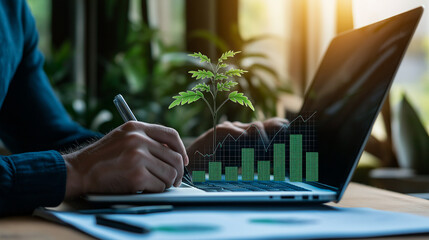 businessman is using laptop while writing, with digital overlay of growing plant and bar graphs, symbolizing growth and sustainability