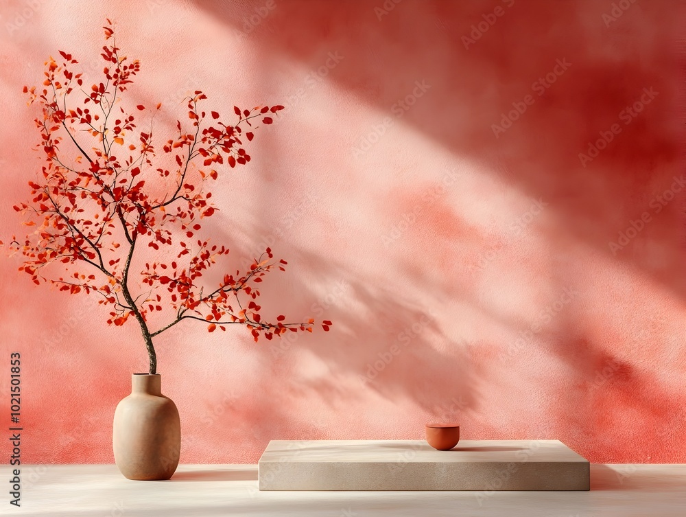 Poster Serene 3D studio display setting with muted rose colored backdrop empty floor and wall showcasing a product display platform intricate shadow patterns from window lighting on the tabletop