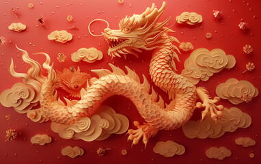 Obraz premium Beautiful golden Dragon illustration, Chinese new year poster background with dragon