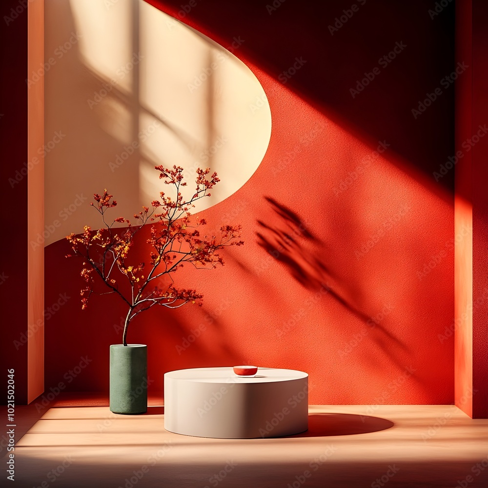Poster dramatic 3d studio space with walls simple product display podium and captivating shadow patterns fr