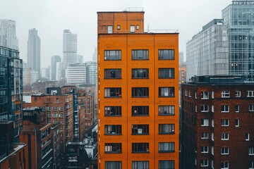 Fototapeta premium Orange Brick Building with Many Windows in a Cityscape