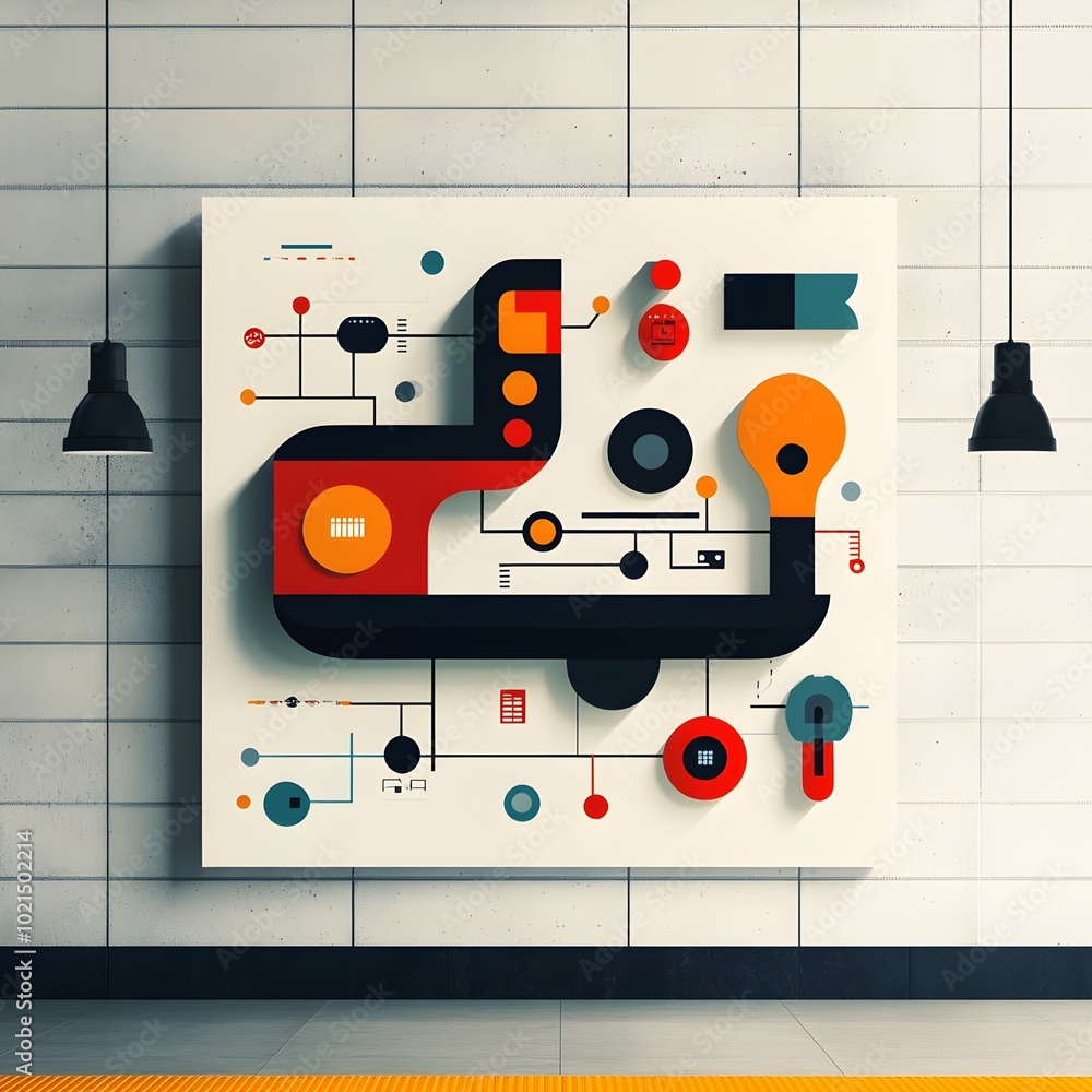 Poster a visually striking abstract subway map visualization set on a modern station platform