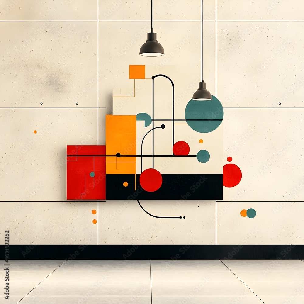 Poster abstract subway map visualization displayed on a station platform featuring bold geometric shapes an
