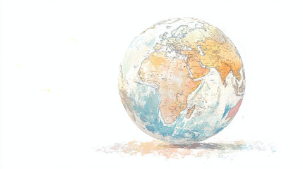 planet earth global glowing 2d illustration black and white glowing low contrast pencil drawing sepia white background, globe appealing artistic digital painting artwork sphere globe watercolor effect