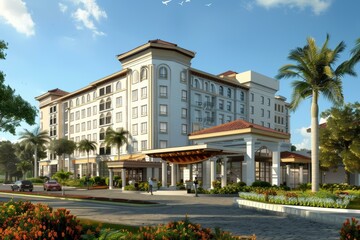 Fototapeta premium Luxury Hotel Architectural Illustration in Tropical Setting