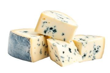 Blue cheese Roquefort wedges stacked isolated on a white transparent background. The cheese has blue mold veins. Concept of gourmet dairy product