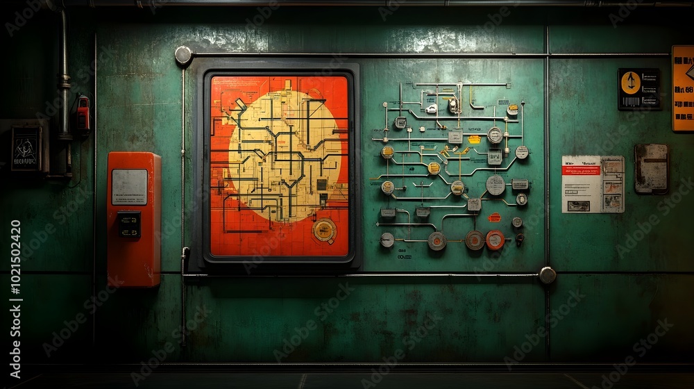 Poster detailed representation of a complex subway map displayed on the platform of an underground transit 