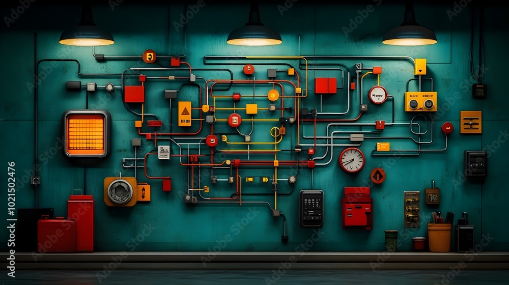 Poster depiction of a complex subway map displayed on a dimly lit underground station platform showcasing t